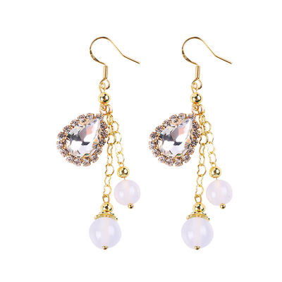 10MM 8MM Natural Crystal White Agate Dengan Sparkling Teardrop Charm Dangle Bead Earring