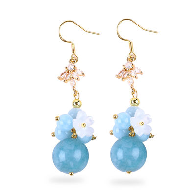 Custom DIY Kristal Aquamarine Dengan Bunga Putih Pesona Bentuk Bulat Manik Earring Untuk Pakai Sehari-hari