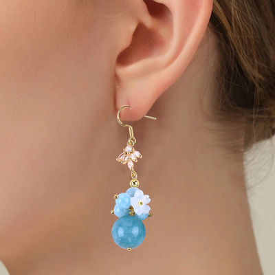 Custom DIY Kristal Aquamarine Dengan Bunga Putih Pesona Bentuk Bulat Manik Earring Untuk Pakai Sehari-hari