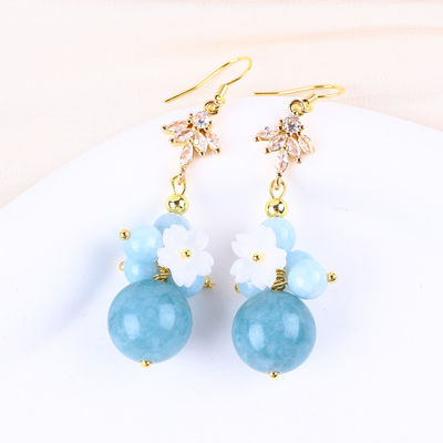 Custom DIY Kristal Aquamarine Dengan Bunga Putih Pesona Bentuk Bulat Manik Earring Untuk Pakai Sehari-hari