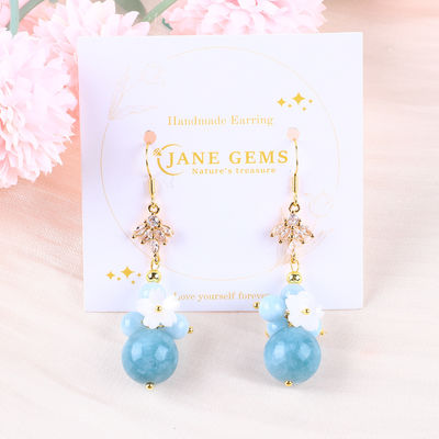 Custom DIY Kristal Aquamarine Dengan Bunga Putih Pesona Bentuk Bulat Manik Earring Untuk Pakai Sehari-hari