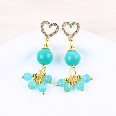 Handmade 6MM 12MM Green Cat Eye Gemstone With Heart Stud Dangle Earring Untuk Hadiah