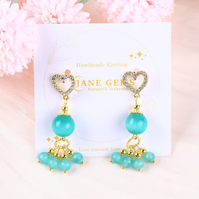 Handmade 6MM 12MM Green Cat Eye Gemstone With Heart Stud Dangle Earring Untuk Hadiah