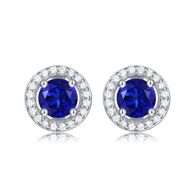 Biru 925 Sterling Perak Zircon Bulat Batu permata Earrings untuk Hadiah