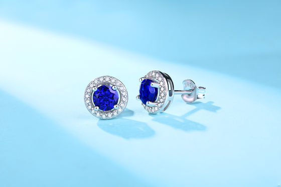Biru 925 Sterling Perak Zircon Bulat Batu permata Earrings untuk Hadiah