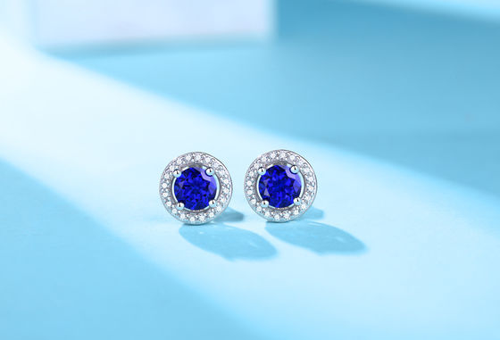 Biru 925 Sterling Perak Zircon Bulat Batu permata Earrings untuk Hadiah