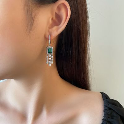 Green Gemstone Kubic Zirconia Long Drop Earrings Untuk Pernikahan