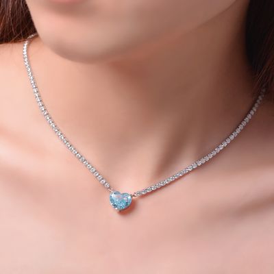 Elegant Heart Shape Aqua Blue 925 Sterling Silver Heart Batu permata kalung