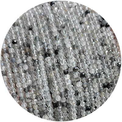 Batu permata manik-manik kristal alami berfacet bulat bentuk kecil Morganite Hitam Rutilated Kuarsa