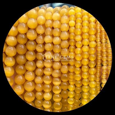 Gold Olive Blue Color Gems Bead Round Shape Cat Eye Loose Bead Strands untuk Perhiasan buatan tangan