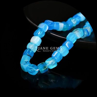 Bentuk kubus persegi batu permata alami manik-manik bergaris biru Agate lepas manik-manik untaian untuk penyembuhan dan DIY Perhiasan Ma