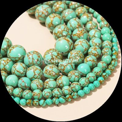 Berbagai Warna Bentuk Bulat Permata Manik-manik Emas Garis Kuning Kuning Turquoise Lolos Manik-manik Strands untuk DIY Hadiah